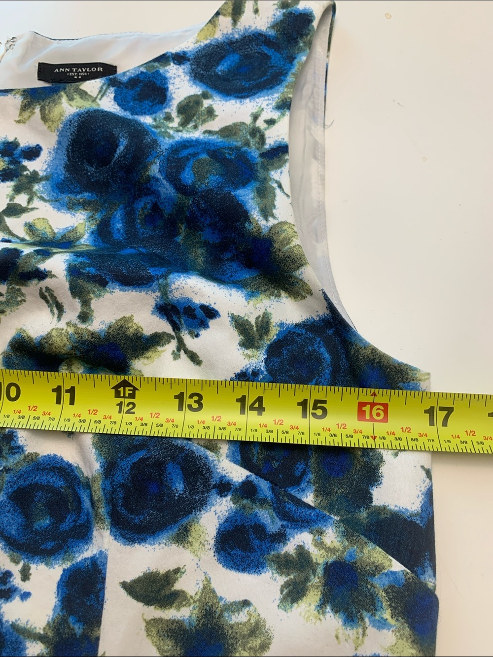 Ann Taylor Blue and White Floral Midi Shift Dress, Lined, Back Zipper - Picture 5 of 11